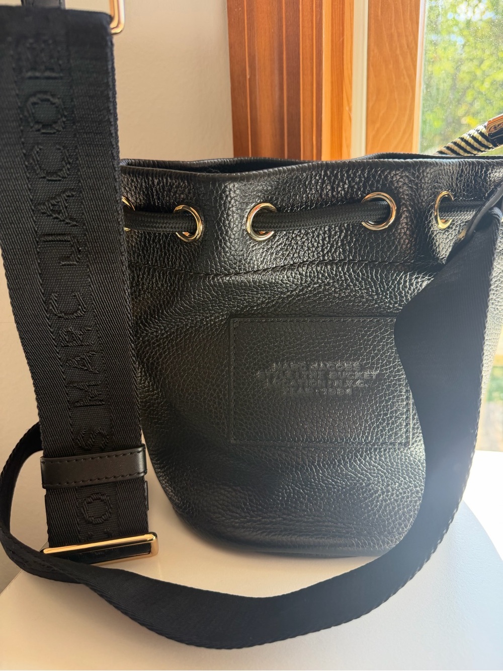 Marc Jacobs Black Pebbled Leather Bucket Bag with Striped Top Handle - Picture 3 of 5